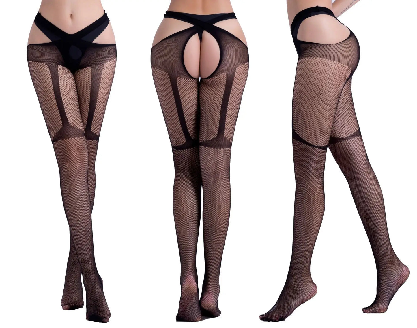 Hot Sexy Erotic Lingerie See Through Open Crotch Pantyhose Tights Women Fishnet Mesh Crotchless Suspenders Stockings Sex Costume