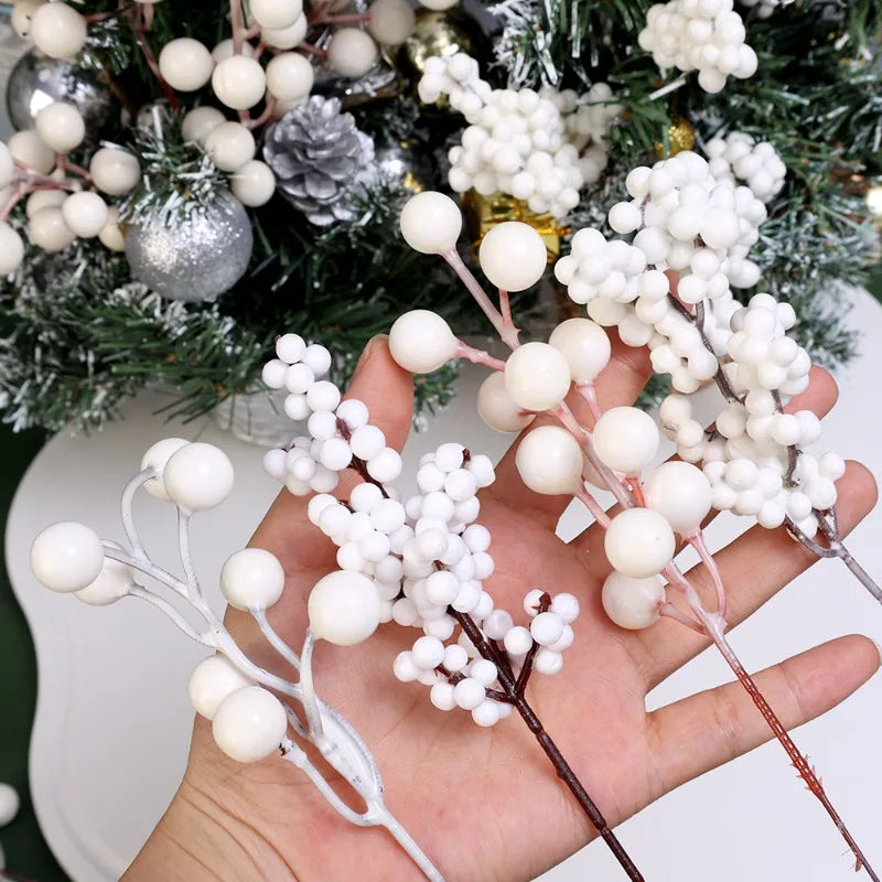 Christmas Berries Branch Fake Plants Flowers Artificial White Holly Berry Stamen Wreath Ornaments for Xmas Tree Party Home Decor