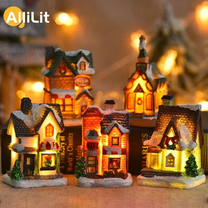 Christmas Decoration, New Year Night Light LED Luminous Snow House Sculpture Home Resin Crafts Xmas Gift for Kids