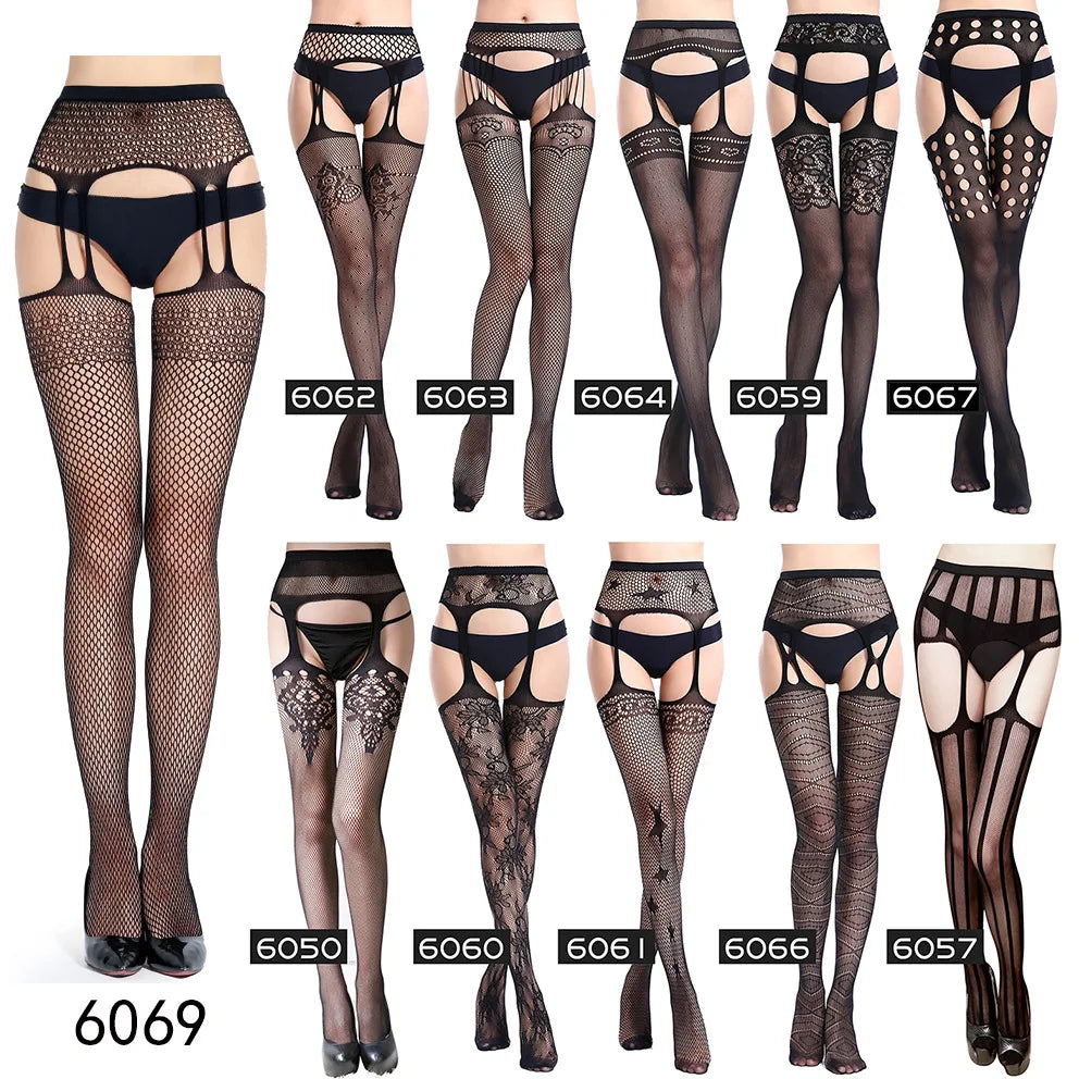 Hot Sexy Erotic Lingerie See Through Open Crotch Pantyhose Tights Women Fishnet Mesh Crotchless Suspenders Stockings Sex Costume