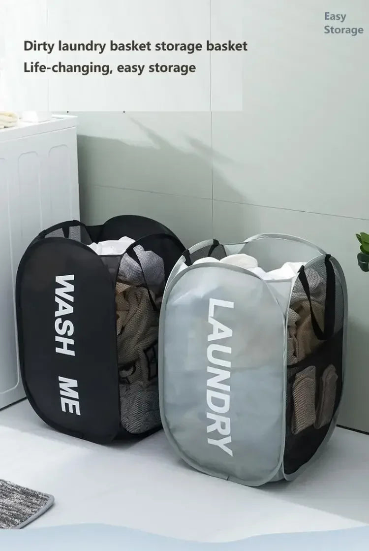 Folding Popup Laundry Baskets Home Mesh High Capacity Washable Dirty Clothes Toys Dolls Storage Bathroom Hamper Bag Side Pockets