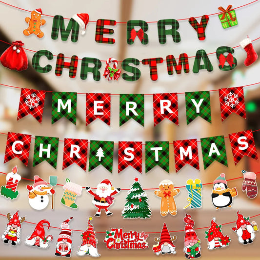 Merry Christmas Banners Decoration Santa Claus Snowman Paper Hanging Banner Red Green Pendant Christmas Decoration