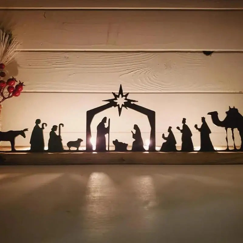 Nativity Scene Tealight Holder Metal Silhouette Wooden Candle Holder Birth Of Jesus Ornament Christmas Gifts Crafts Home Decor