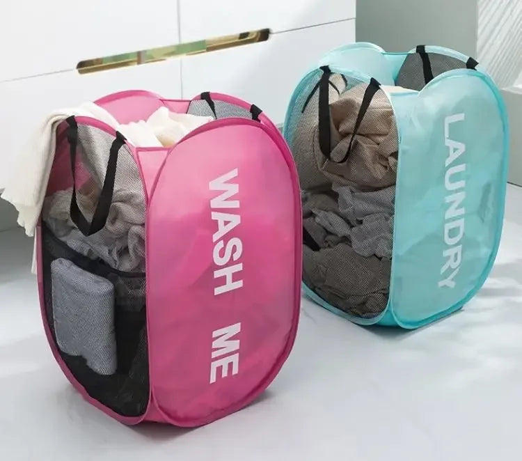 Folding Popup Laundry Baskets Home Mesh High Capacity Washable Dirty Clothes Toys Dolls Storage Bathroom Hamper Bag Side Pockets