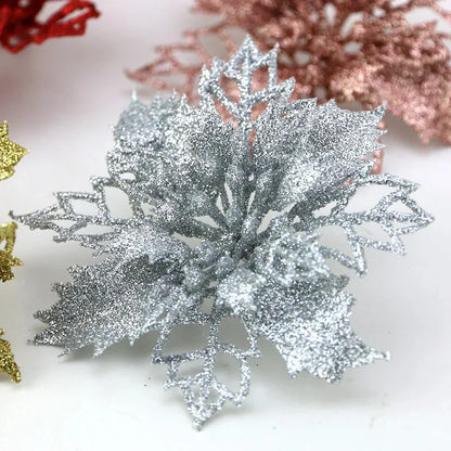 (10pcs) Artificial Christmas Tree Flower Glitter Decorations Xmas Ornaments New Year Gift