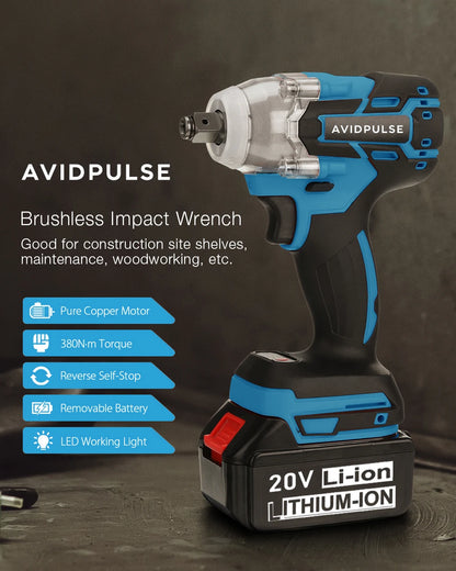 AvidPulse 588N.M 1/2 inch Brushless Electric Impact Wrench Cordless Electric Wrench Rechargeable for 18V Battery Screwdriver Pow