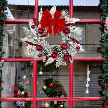 17.7in Christmas Wreath for Front Door, 2025 New Year Hanging Garland Decorations, Handmade Pine Berries Ball Ribbon Wreath