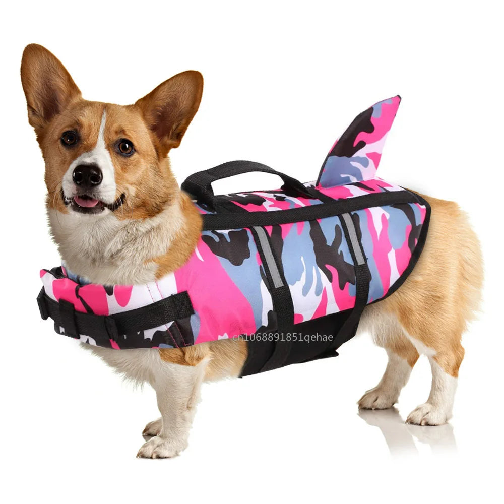 Pet Dog Life Jacket Vest Clothes Life Vest Collar Harness Pet Dog Swimming Summer Swimwear Clothes Camouflage Shark Blue Fuchsia