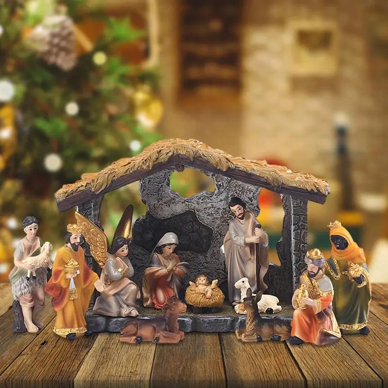 Nativity Manger Scene Set 12-pcs Resin Hand-painted Nativity Figurines Resin Crafts Statue For Home Tabletop Ornaments Christmas