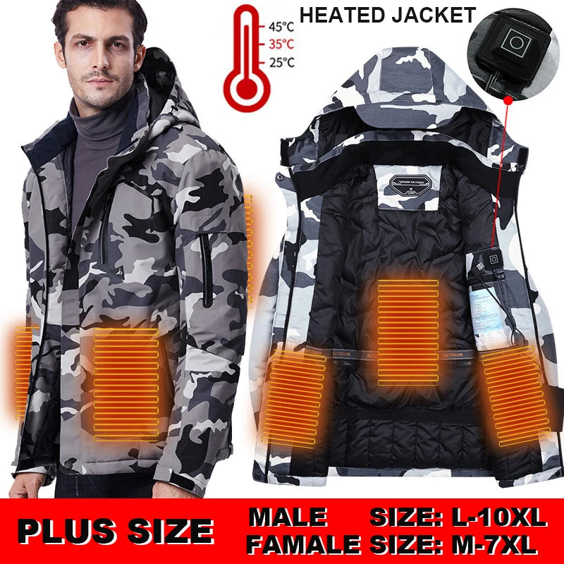 Hunting Jackets Women Heated Jackets Men Waterproof USB Heating Hooded Jackets Windbreaker Electric Heated Clothes 6XL 8XL 10XL