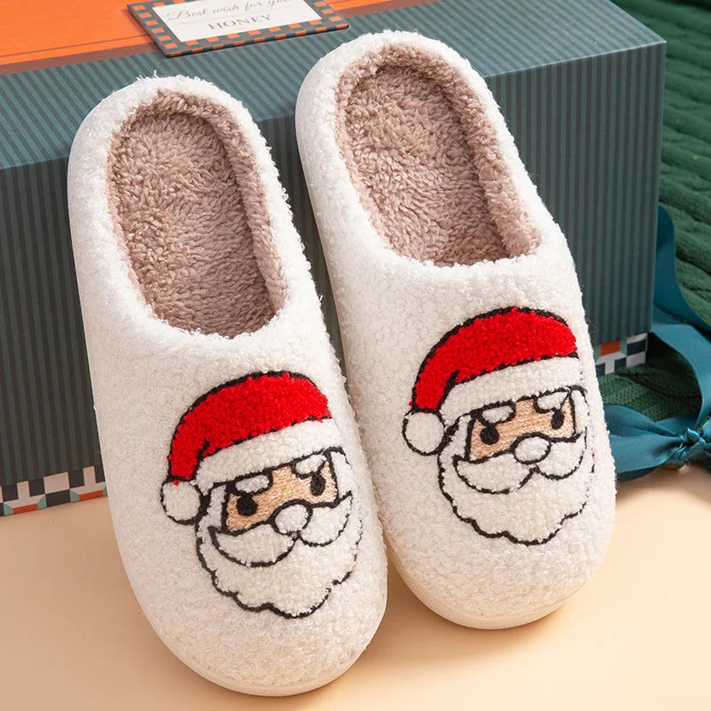 Fashion Christmas Slippers Women Home Winter Cute Cartoon Sandals Men Warm Non-slip Flat Slides Couple Soft Christmas Shoes