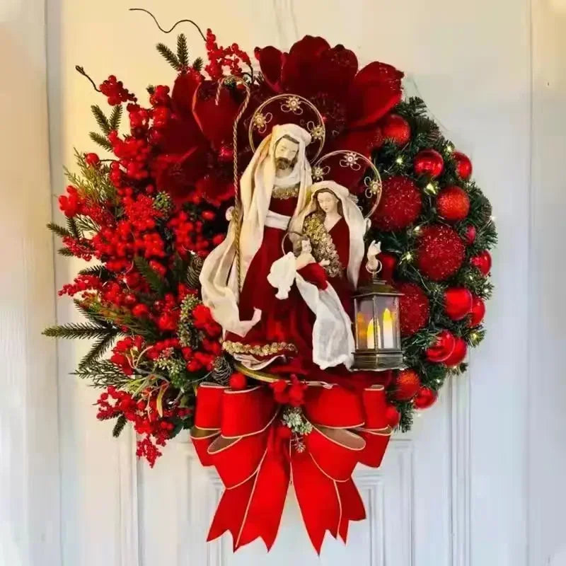 2024 Christmas Wreath With Lamp Bow Ball Big Red Flower Party Wall Door Window Fireplace Staircase Balcony Garden Wreath