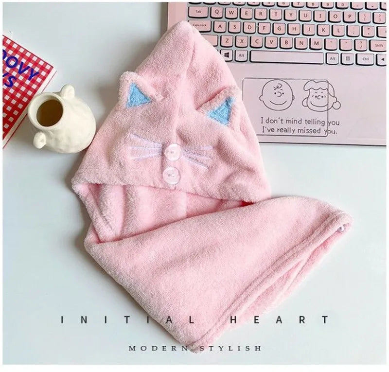 Cute Cat Hair Cap Microfiber Hair Towel Long Hair Quick Dry Hat Bath Towel Strong Water Absorbent Women Wrap Wiping Hair Towel