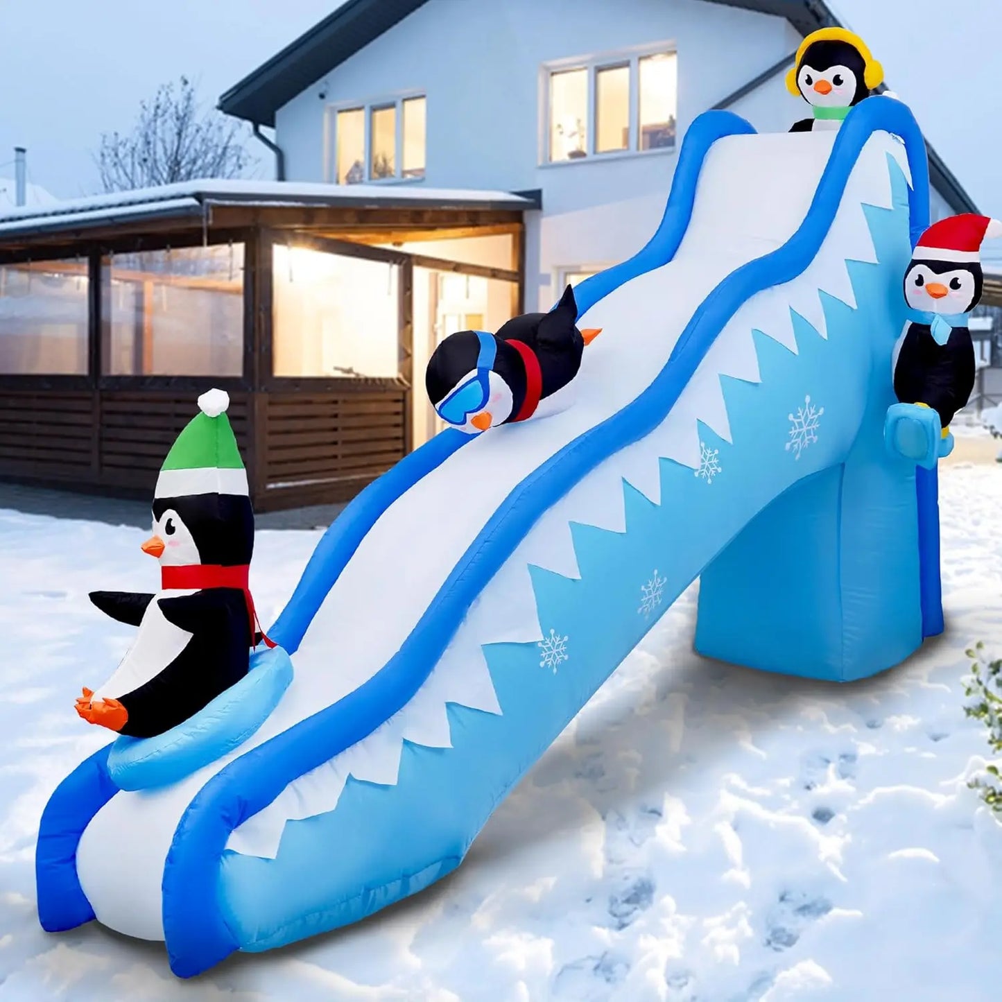 6FT Christmas Inflatables Penguin Slide Blow Up Christmas Decorations Outdoor Build-in LED Lights Penguin