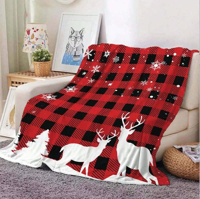 1pc Red and Black Checkered Elk Christmas Theme Flannel Blanket, Soft Cozy,For Travel Sofa Bed Office Home Decor,All Season