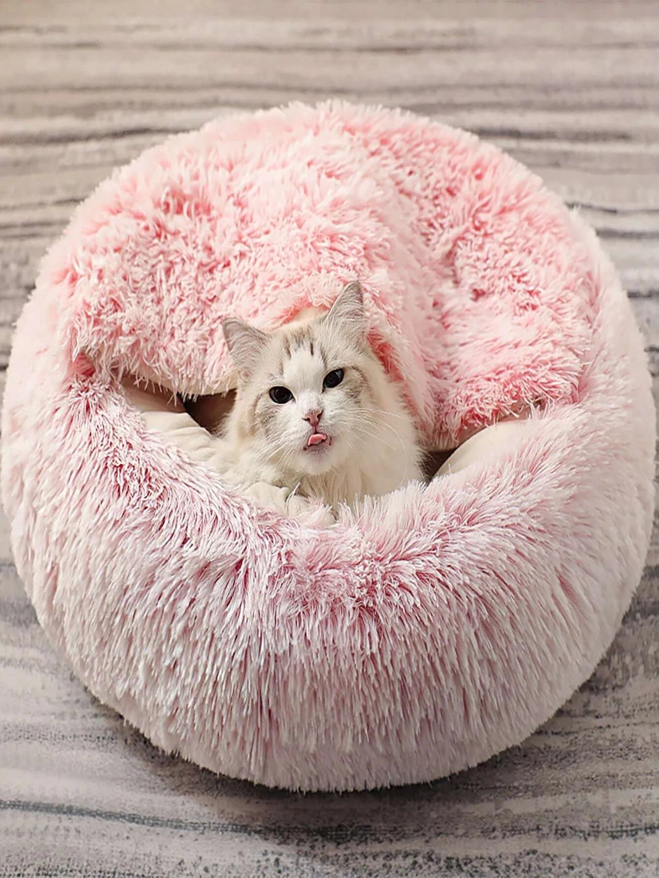 Plush Hooded Pet Bed Round Fluffy Soft Cat Bed Pet Cushion Warm Cat Dog 2 in 1 Sleeping Nest Cave for Small Dogs