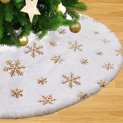 38CM Plush Christmas Tree Skirt White Snowflakes Faux Fur Xmas Trees Skirts Base Cover New Year Navidad Party Decoration Carpet