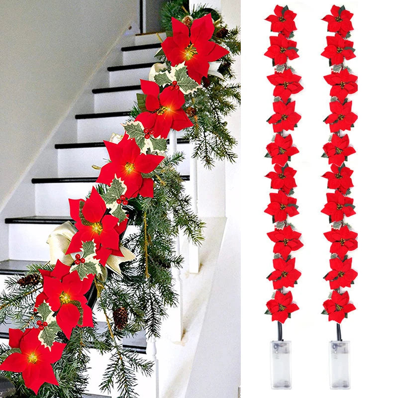 Poinsettia Christmas Flowers Garland String Lights Xmas Tree Ornaments Indoor/Outdoor Party Decor Christmas Decoration Navidad