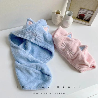 Cute Cat Hair Cap Microfiber Hair Towel Long Hair Quick Dry Hat Bath Towel Strong Water Absorbent Women Wrap Wiping Hair Towel