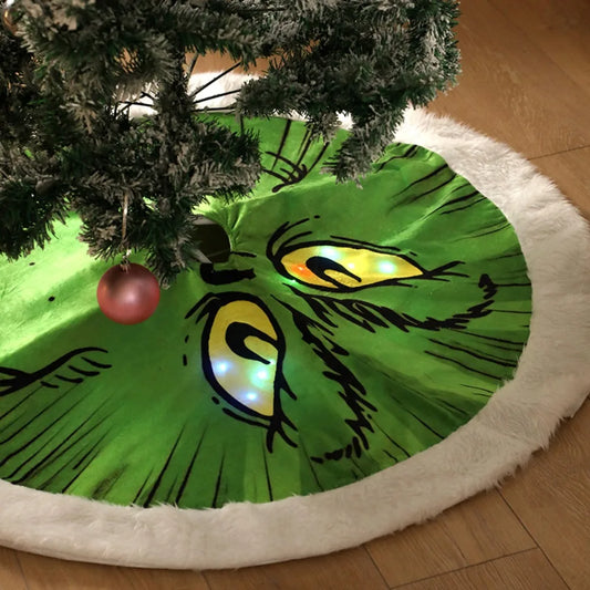 Christmas Decoration Green Fur Monster Plush Christmas Tree Apron with Lights Decorative Tree Skirt Glowing Grinch Tree Skirt