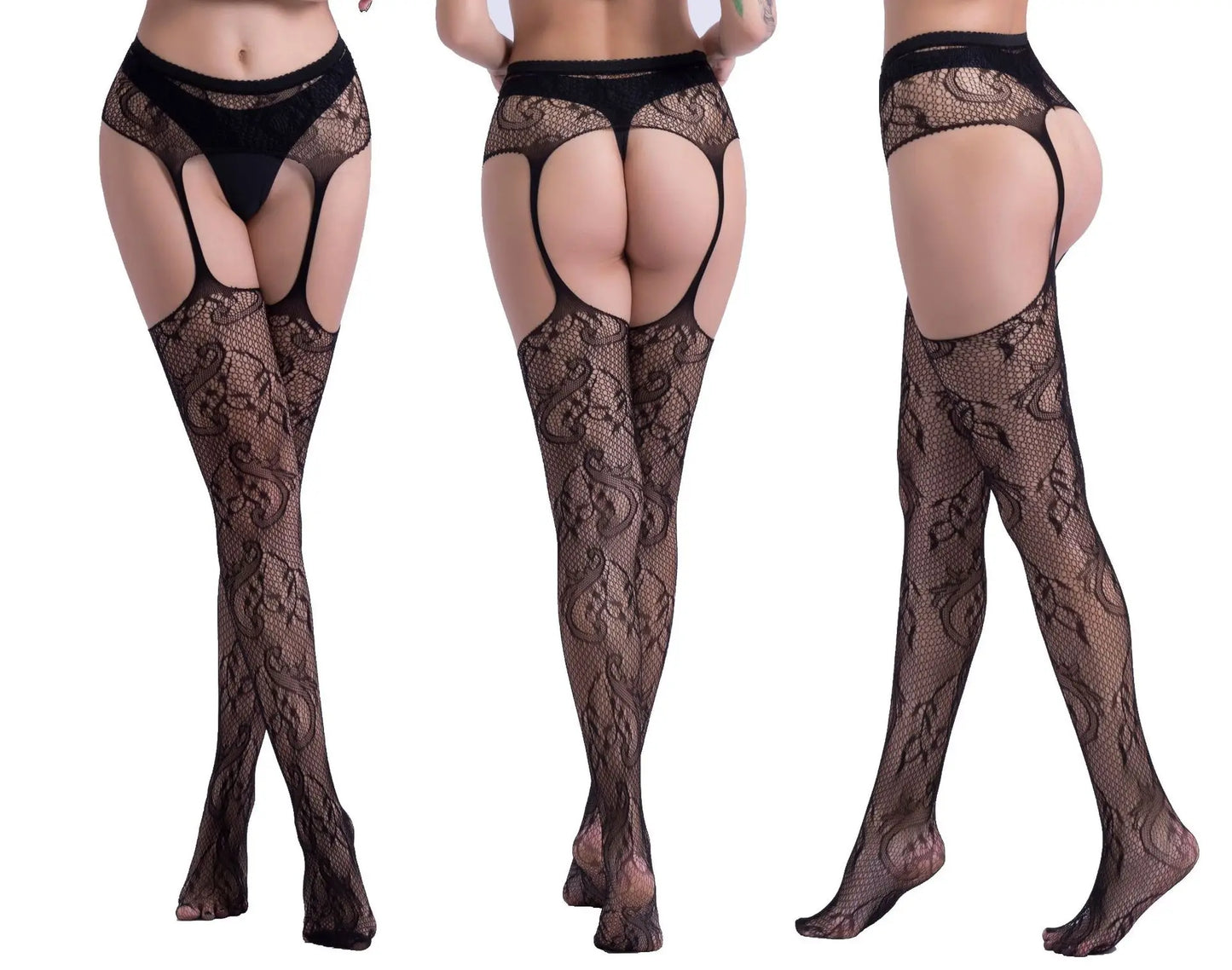 Hot Sexy Erotic Lingerie See Through Open Crotch Pantyhose Tights Women Fishnet Mesh Crotchless Suspenders Stockings Sex Costume