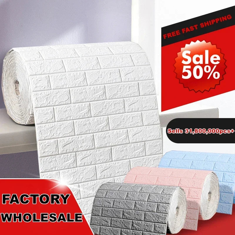 70cm*2m 3D Soft Foam Brick Wallpaper Sticker Roll DIY Self Adhesive Living Room Home Kitchen Bathroom Decorative Wall Paper