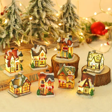 Christmas Decoration, New Year Night Light LED Luminous Snow House Sculpture Home Resin Crafts Xmas Gift for Kids