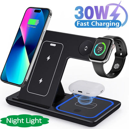 30W 3-in-1 Foldable Wireless Charging Station for iPhone, Apple Watch, and AirPods - Fast Charger Stand