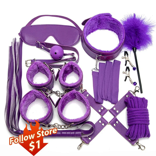 Leather BDSM Kit Bondage Set Adult Toys Sex Games Handcuffs Whip sm Sex Toy Kits Exotic Accessories Erotic Sex Toys for Couples