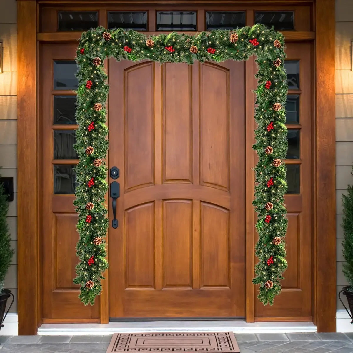 Christmas Wreaths with Pinecones Red Berries Artificial Christmas Garland for Fireplaces Stairs Front Door New Year Decoration