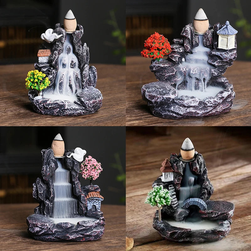 Creative High Mountain Flowing Resin Back Flow Incense Holder Waterfall Incense Burner Home Indoor Decor Aromatherapy Ornament