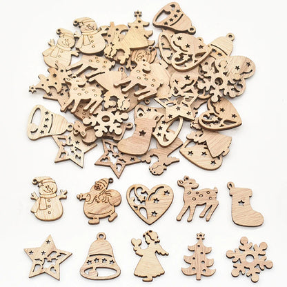 50Pcs Christmas Natural Wooden Chip Santa Claus Snowflake Christmas Tree Hanging Ornaments Pendant Navidad Decoration DIY Craft