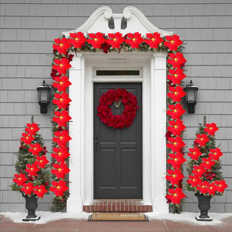 Poinsettia Christmas Flowers Garland String Lights Xmas Tree Ornaments Indoor/Outdoor Party Decor Christmas Decoration Navidad