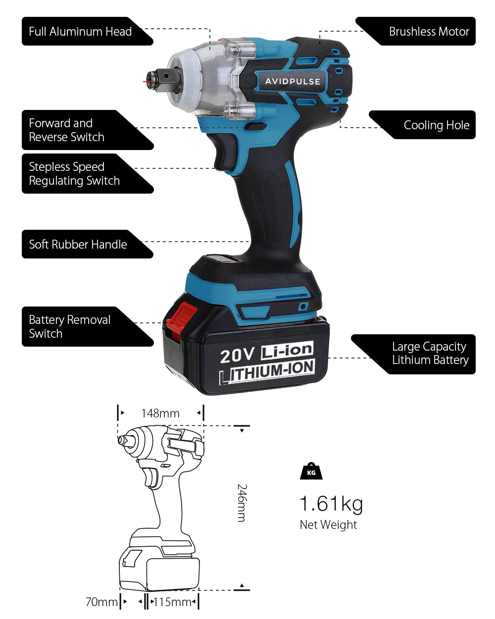 AvidPulse 588N.M 1/2 inch Brushless Electric Impact Wrench Cordless Electric Wrench Rechargeable for 18V Battery Screwdriver Pow