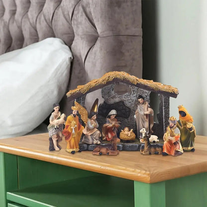 Nativity Manger Scene Set 12-pcs Resin Hand-painted Nativity Figurines Resin Crafts Statue For Home Tabletop Ornaments Christmas