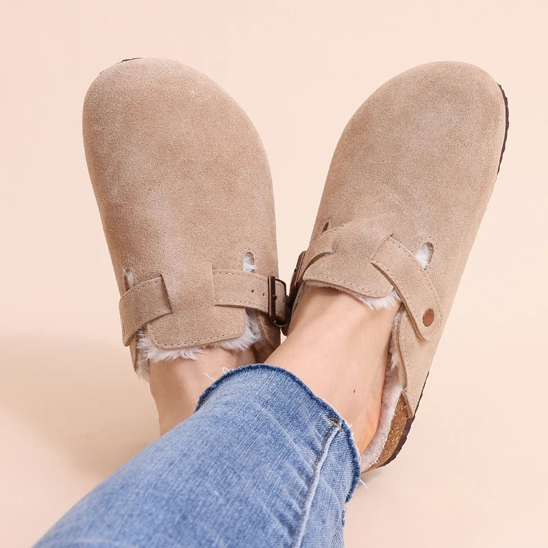 Pallene Cork Suede Clogs For Women Classic Beach Sandals Fur Suede Slippers Fuzzy Cork Mules Men Comfort Winter House Fur Clogs