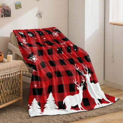 1pc Red and Black Checkered Elk Christmas Theme Flannel Blanket, Soft Cozy,For Travel Sofa Bed Office Home Decor,All Season