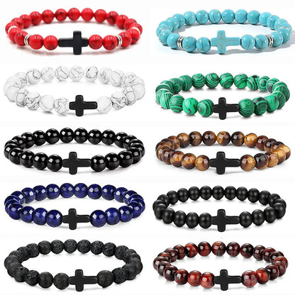 Prayer Men Natural Stone Wood Beads Rosary Hematite Cross Bracelets Onyx Meditation Bracelet Women Yoga Jewelry Homme Pulsera