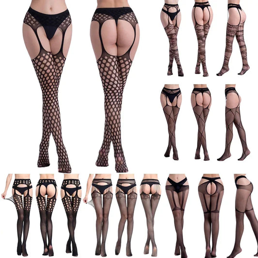 Hot Sexy Erotic Lingerie See Through Open Crotch Pantyhose Tights Women Fishnet Mesh Crotchless Suspenders Stockings Sex Costume