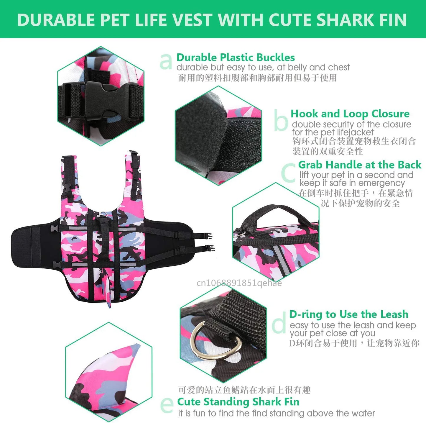 Pet Dog Life Jacket Vest Clothes Life Vest Collar Harness Pet Dog Swimming Summer Swimwear Clothes Camouflage Shark Blue Fuchsia