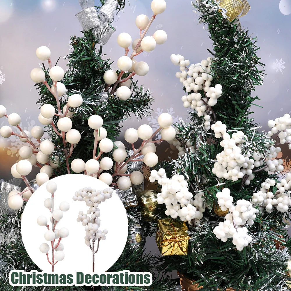 Christmas Berries Branch Fake Plants Flowers Artificial White Holly Berry Stamen Wreath Ornaments for Xmas Tree Party Home Decor