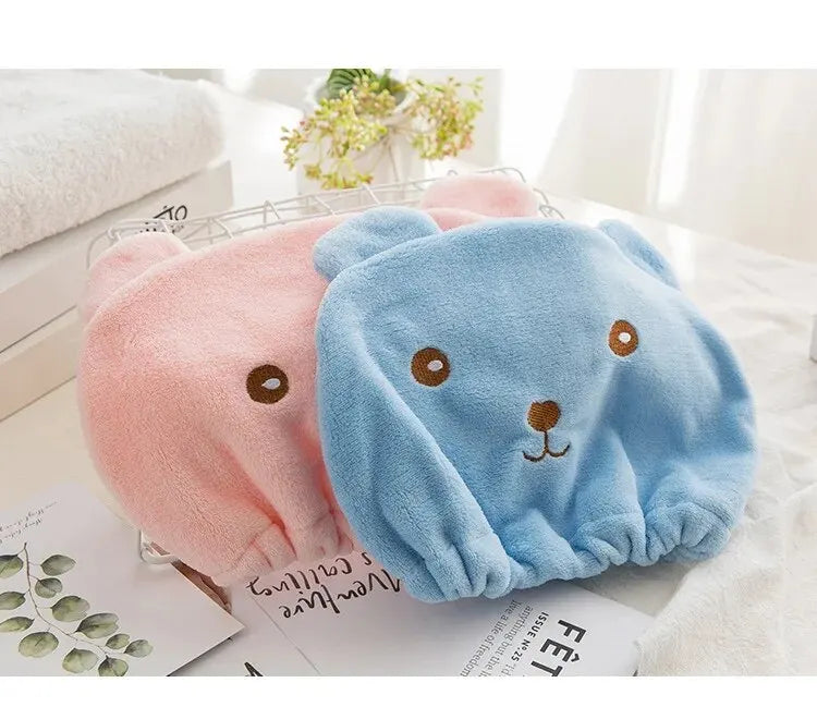 Super Absorbent Hair Drying Bath Towel Cap Cute Cartoon Bear Microfibre Soft Dry Hair Wrap Bathroom Accessories Bonnets