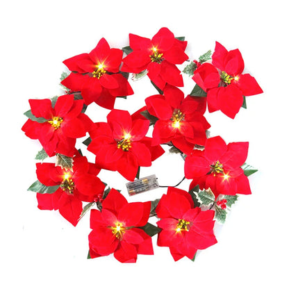 Poinsettia Christmas Flowers Garland String Lights Xmas Tree Ornaments Indoor/Outdoor Party Decor Christmas Decoration Navidad