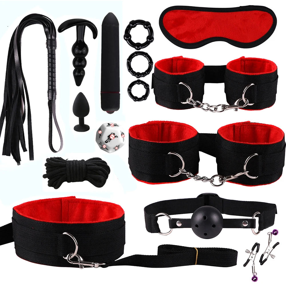 Sex Toys Nylon BDSM Kit Plush Sex Bondage Sex Toys for Women Set Handcuff Exotic Sex Games Whip Nipple Clamp Adult Sexy Toys 18