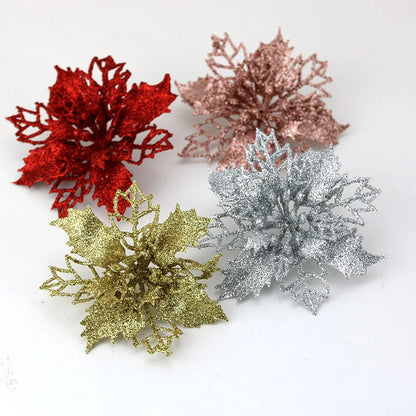 (10pcs) Artificial Christmas Tree Flower Glitter Decorations Xmas Ornaments New Year Gift