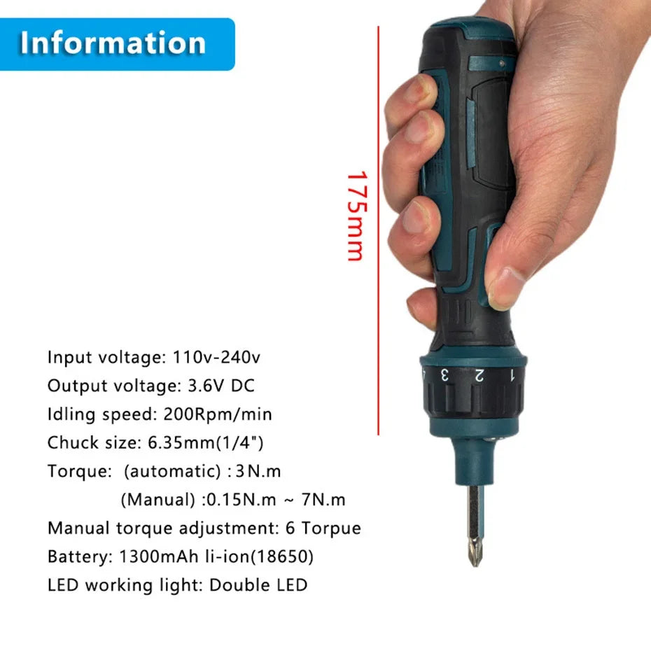 DONUMEH Cordless Electric Screwdriver 1300mah Li-ion Battery Rechargeable Mini Drill 3.6V Power Tools Set Household Maintenance