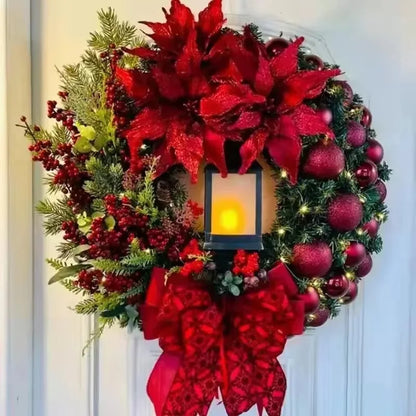 2024 Christmas Wreath With Lamp Bow Ball Big Red Flower Party Wall Door Window Fireplace Staircase Balcony Garden Wreath