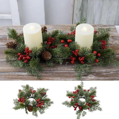 Christmas Candle Rings Table Decoration Christmas Wreath Candle Holder Ring Red Berries Table Centerpieces Candle Wreath