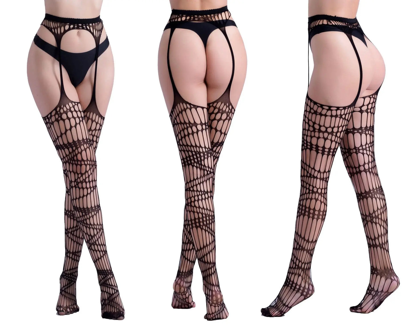 Hot Sexy Erotic Lingerie See Through Open Crotch Pantyhose Tights Women Fishnet Mesh Crotchless Suspenders Stockings Sex Costume