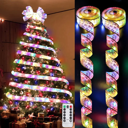 Christmas Ribbon Fairy Light Christmas Decoration Bows String Light Tree Ornaments for Home Xmas Decor